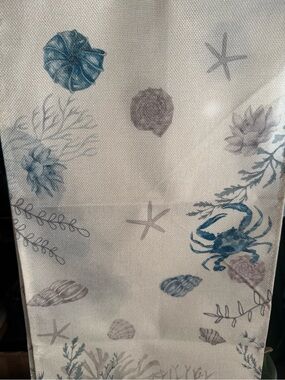 NWOT Coastal Cream, Blue and Gray Linen Sea Life Table Runner, 13x72